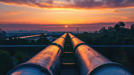 Two large pipelines stretch into the distance under a colorful sunset sky, with green trees and an industrial area visible in the background.