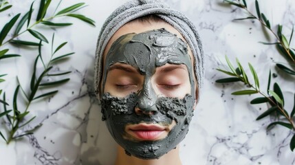 Wall Mural - Clay face mask for skincare on marble backdrop