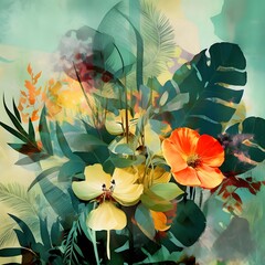 Wall Mural - Tropical flowers on the background of the watercolor painting.