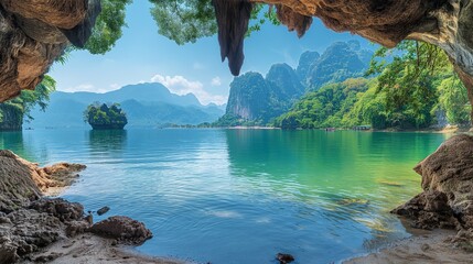 exotic seascape view from looking out of the cave perspective, summer paradise adventurous theme background