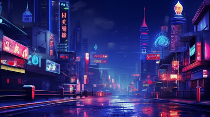 Night City , shades of blue, pink and purple. City in neon lights