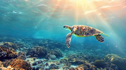 Poster - Sea turtle swimming in sunny turquoise waters with banner and space for text