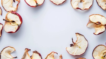 Wall Mural - Dried apple slices in circle on white background with space for text