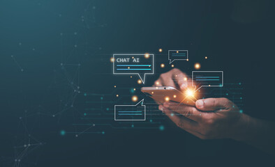 Poster - Chat with AI or Artificial Intelligence technology, Businessman using smartphone for chatting online with intelligent artificial or chatbot. Futuristic technology, Online automation chatbot..