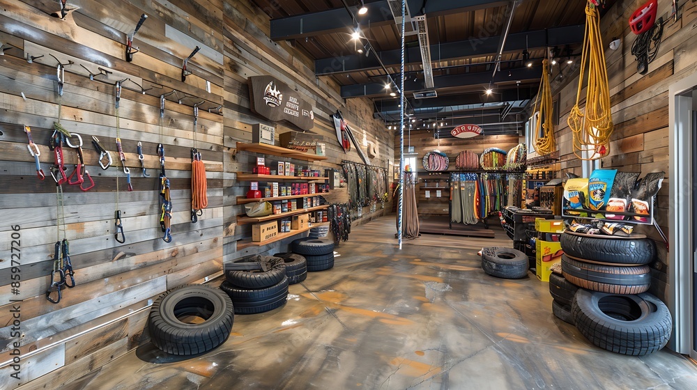 outdoor adventure shop with interior walls clad in reclaimed wood ...