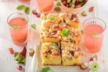 Wall Mural - Sweet and yummy rhubarb yeast cake with sugar and crumble.