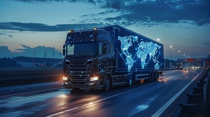 Wall Mural - a truck driving on the highway, with a world map and digital network overlay, symbolizing global log