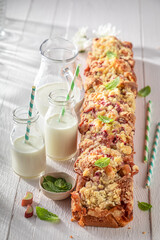 Wall Mural - Sweet rhubarb butter cake made of sugar and fruits.