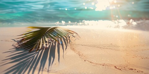 Wall Mural - Palm Leaf on a Sandy Beach with Sunlight and Ocean in Background