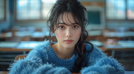 Canvas Print - Portrait of a Young Woman with Blue Sweater