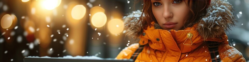 Woman in Orange Jacket Walking in Snow