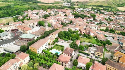 Poster - Aerial view of the historic center of Casciana Terme, Pisa, olive trees and vineyards in the background