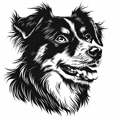 A black and white drawing of a Australian Shepherd dog