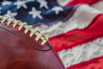 A closeup of an american football only half shown at the bottom of the picture with the American flag in the background