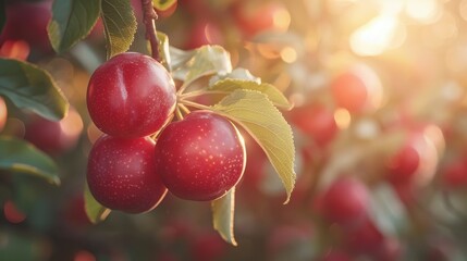 Sticker - Bright red plums, fresh and ripe, hanging on a branch in the golden sunlight. These fruits are ready to pick, representing the abundance and beauty of nature.