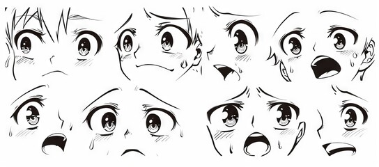 Set of cartoon anime style eyes, lips, and eyebrows isolated on white background. Hand drawn.