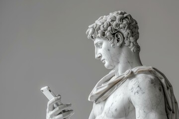 Classical Apollo statue holding modern smartphone blending ancient art with contemporary technology