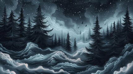 Wall Mural - Mystical fog over a forest, dreamlike atmosphere, soft tones, fantasy illustration