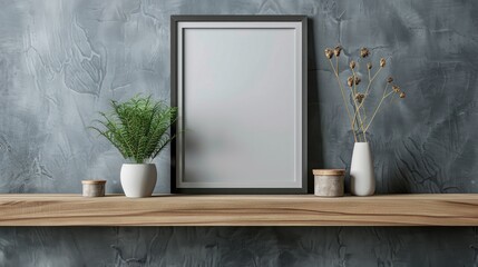 Wall Mural - Frame without picture on wood shelf against gray wall