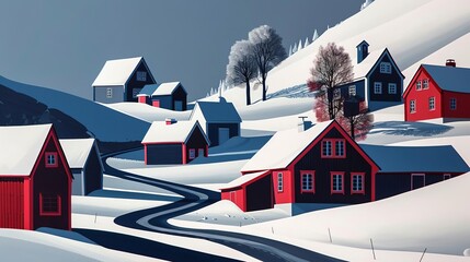 Wall Mural - Nordic village with traditional houses, winter scene, muted colors, realistic painting