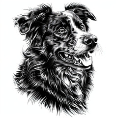 A black and white drawing of a Australian Shepherd dog