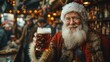 © svastix - A cheerful man dressed as Santa Claus holds up a glass of beer in a festive pub setting, surrounded by warm lights and holiday decorations, conveying joy and celebration.