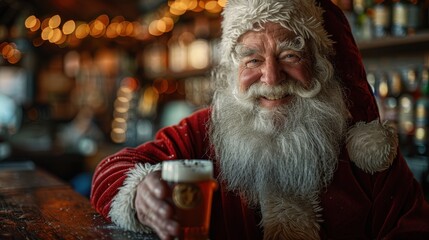 A man dressed in a Santa Claus outfit relaxes with a drink at a festive bar, embodying the holiday spirit and expressing a moment of leisure during the Christmas season.