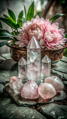 Wall Mural - A bouquet of pink flowers and crystals is displayed on a table