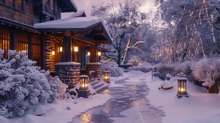 Wall Mural - A wintry dusk scene featuring a snow-covered Craftsman house, the outdoor lanterns casting a soft glow on the icy walkway and snow-laden shrubs, creating a cozy, inviting atmosphere.