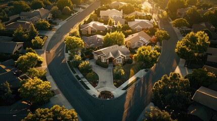 Wall Mural - Aerial shot of a suburban neighborhood at dawn, with a sandy beige Craftsman style house at the center, streets deserted and bathed in morning light.