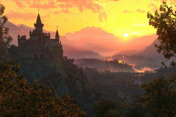 a castle in a mountain valley at sunset with a medieval atmosphere