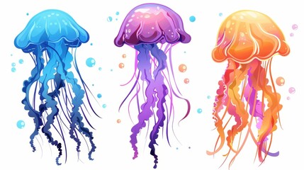 Illustration of flat cartoon cartoons jellyfish isolated on white background. Medusa of various varieties. Koi fish isolated on white background.