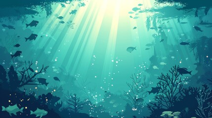 An underwater landscape with silhouettes of fish and algae. A modern illustration.