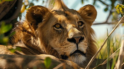 Wall Mural - Majestic lioness resting in the African wilderness, AI Generative.