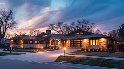 Wall Mural - Dawn's first light casting a warm glow on a Craftsman style house and its empty suburban surroundings, creating a scene of tranquility and anticipation.