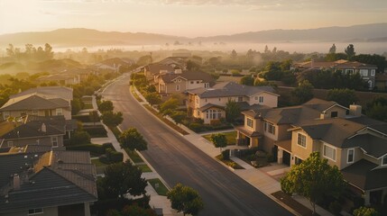 Wall Mural - From above, a suburban dawn reveals a sandy beige Craftsman style house, streets laid out neatly and empty, bathed in the soft, early morning light.