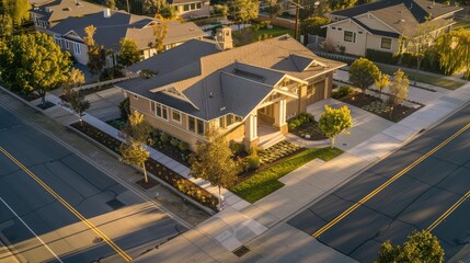 Wall Mural - From above, the serene morning light illuminates a sandy beige Craftsman style house and the silent suburban streets around it, all empty and calm.