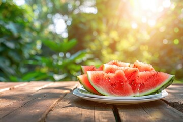 Wall Mural - Slices of fresh juicy seeded watermelon on the wooden table in the garden on a sunny summer day