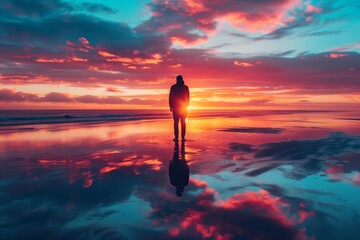 Wall Mural - Silhouette of a Person Standing on a Beach at Sunset With a Colorful Sky