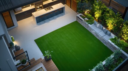 Wall Mural - Overhead view of a suburban backyard featuring a sleek artificial grass lawn, integrated with a modern outdoor kitchen and dining area, surrounded by decorative privacy screens and ambient lighting.