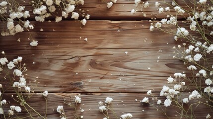 Poster - Vintage style white flowers on wooden background from above with empty space