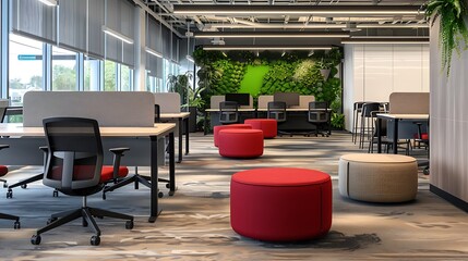 Poster - zero-waste office space with modular furniture that can be reconfigured as needed, carpets made from recycled fibers, and walls that incorporate sound-absorbing recycled material