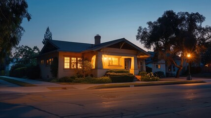 Wall Mural - The early morning calm in a suburban area with a sandy beige Craftsman style house illuminated by the soft light of dawn, streets deserted.