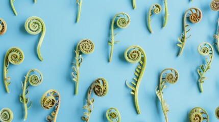 Sticker - Flat lay of dried pastel fiddlehead ferns on blue surface