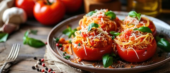 Wall Mural - Stuffed tomatoes with cheese, rice and basil. Mac And cheese stuffed tomatoes. Baked stuffed tomatoes with herbs, rice and cheese on a background with copy space. Vegan Food.