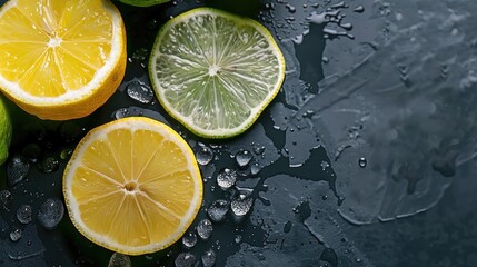 Canvas Print - Fresh lemon and lime slices on black kitchen table with copy space