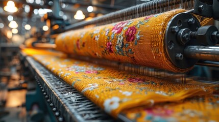 Wall Mural - This close-up image captures a textile machine in action, producing a vibrant yellow fabric with intricate floral patterns, emphasizing the intricate craftsmanship of textile production.