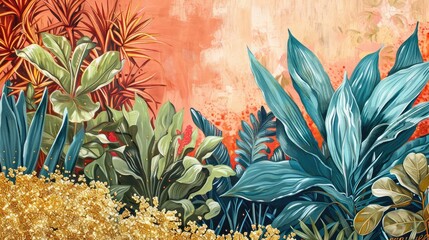 Wall Mural - Oil painting merges modern gardens with golden grains, designed for mural art.