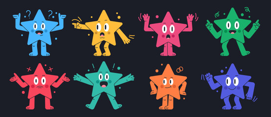 Wall Mural - Star shapes for math school learning. Comic geometric star characters with funny emotions flat vector illustration set. Funny star mascots with various emotions