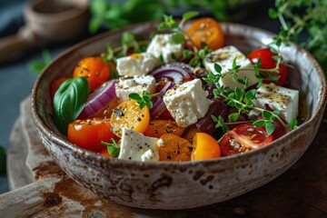 Wall Mural - Greek Salad isolated on a background with Copy Space. Mediterranean Greek salad with marinated feta cheese. Delicious greek salad. Greek salad with fresh vegetables and feta cheese.